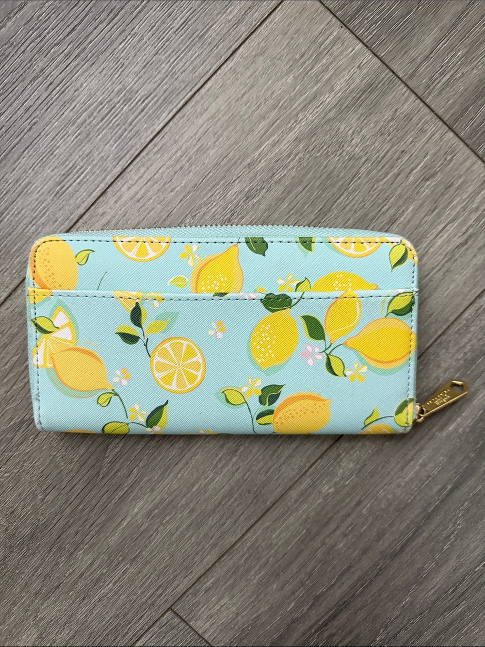 Trina Turk Lemon Print Zip Wallet in Light Blue and Yellow